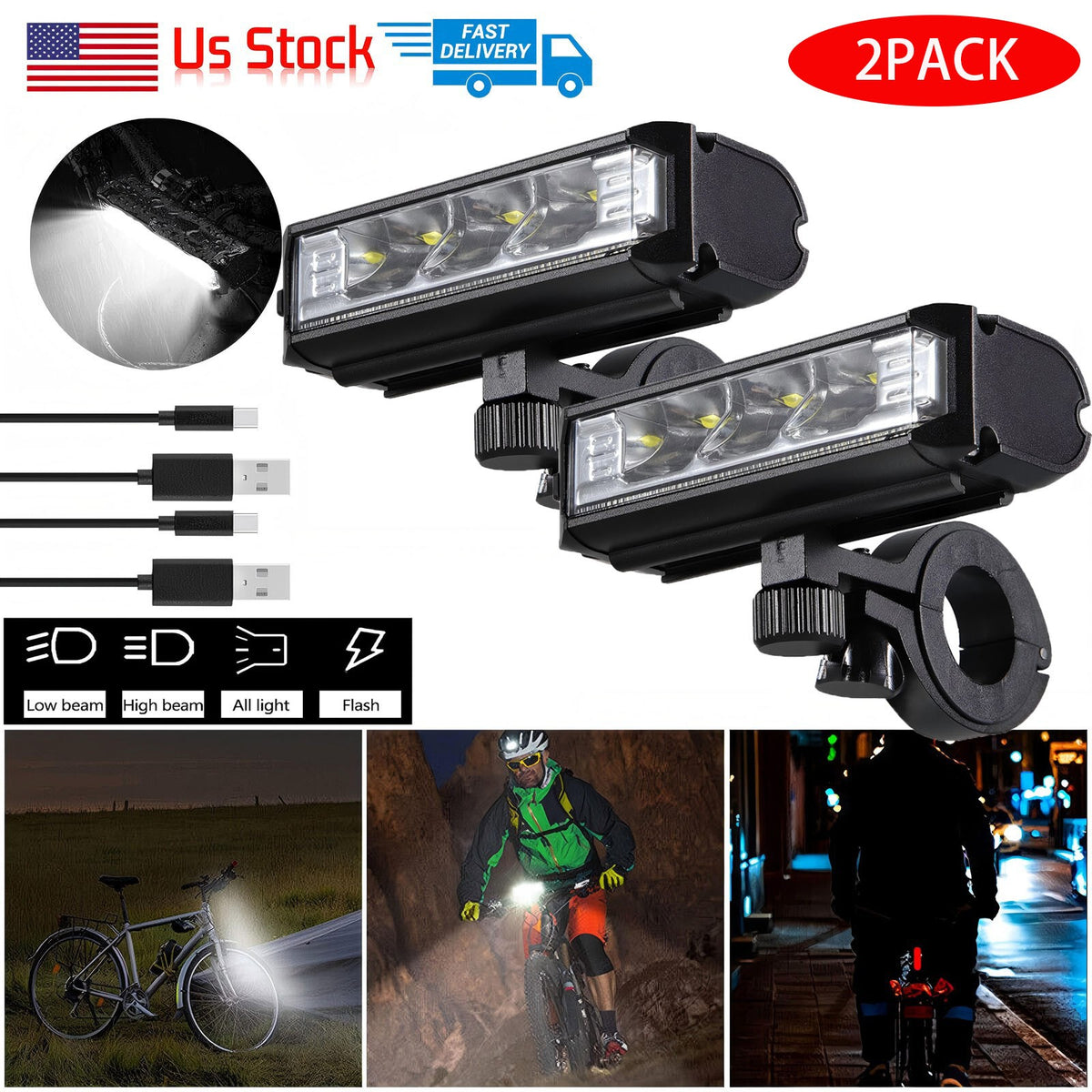 Rechargeable 1000 Lumens Bike Light Set Waterproof Front Headlights