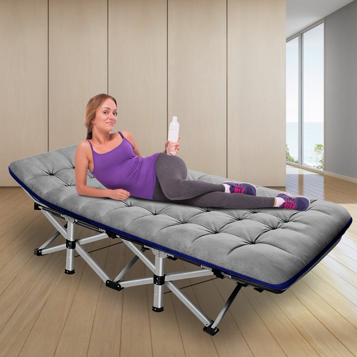 Portable Camping Cot with Foldable Design, 2-Side Mattress & Storage Bag