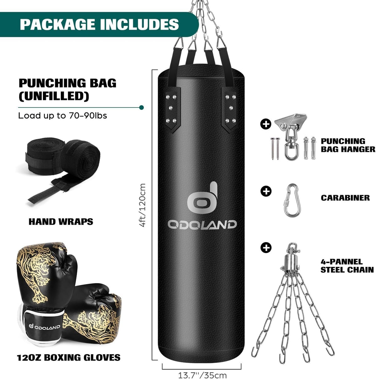 Heavy Boxing Bag Set with 12oz Gloves & Hand Wraps - 4FT Punching Bag for MMA & Training