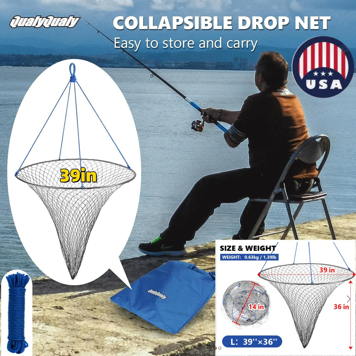 Foldable Bridge and Pier Fishing Net - Steel Hoop, Nylon Mesh, Multi-Size
