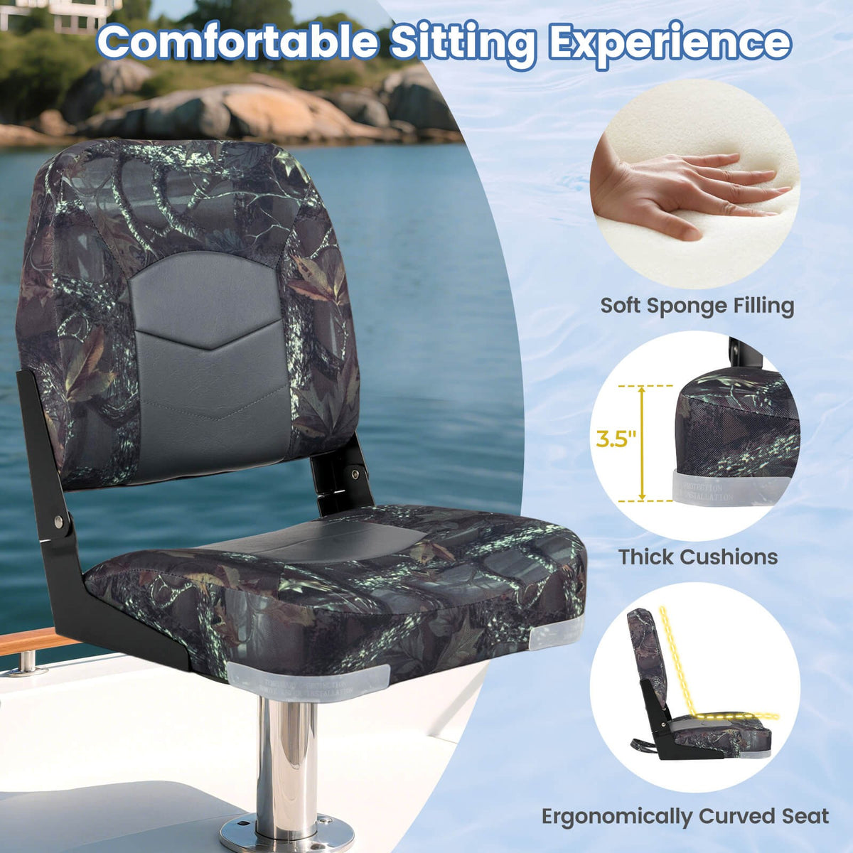 2-Pack Folding Boat Seats with Thick Cushions and Weatherproof Hinges
