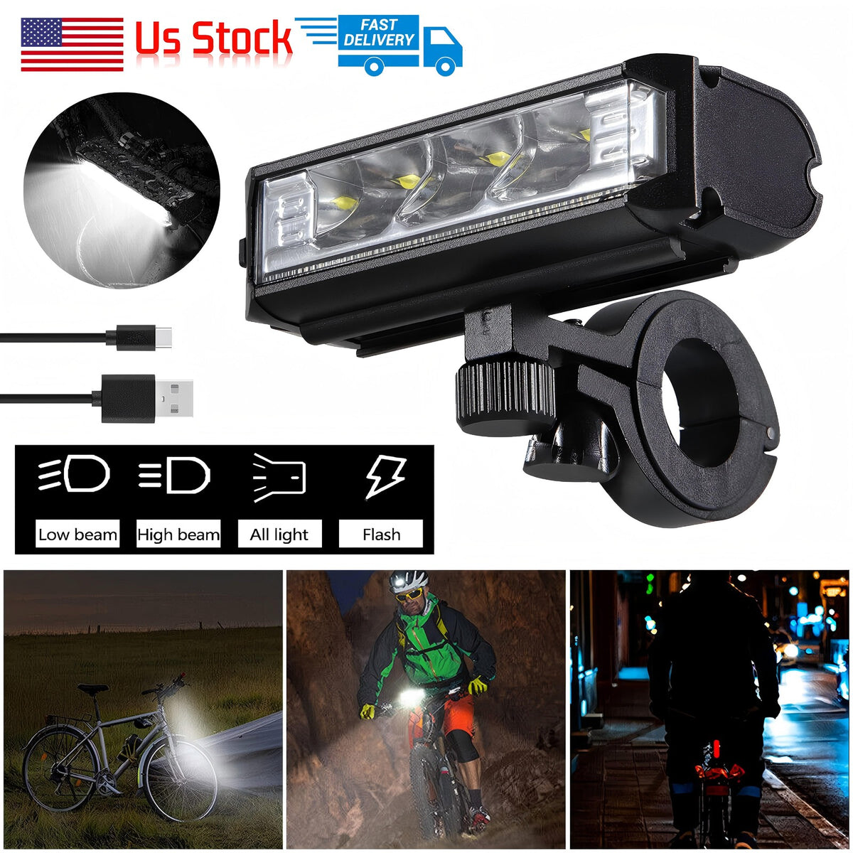 Super Bright USB Rechargeable Bike Light with 1000 Lumens Waterproof Headlamp