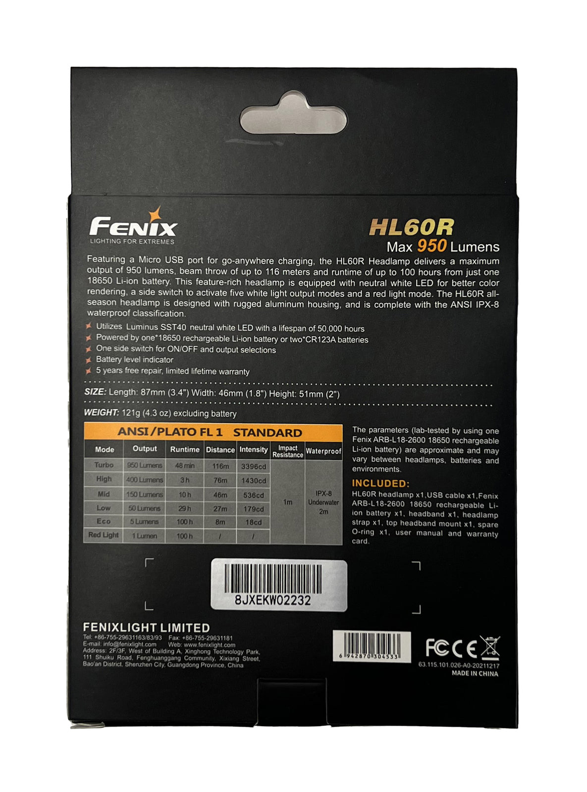 Fenix Rechargeable Headlamp HL60R with 950 Lumens, Dual Red LEDs & Battery