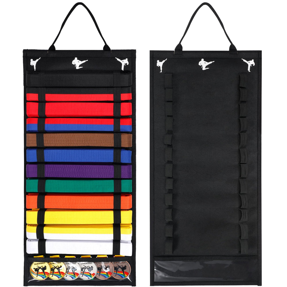 12-Slot Karate Belt Display Rack with Medal Storage – Taekwondo/Martial Arts Wall Organizer