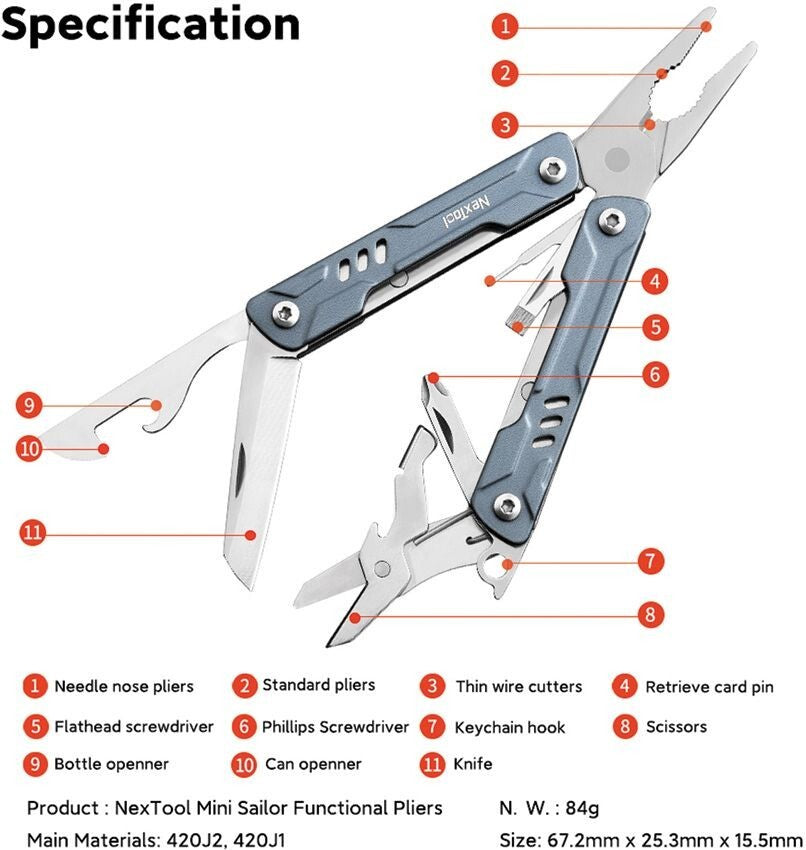 Mini Sailor Pliers Multi-Tool with Blue Aluminum Handles - 9 Tools