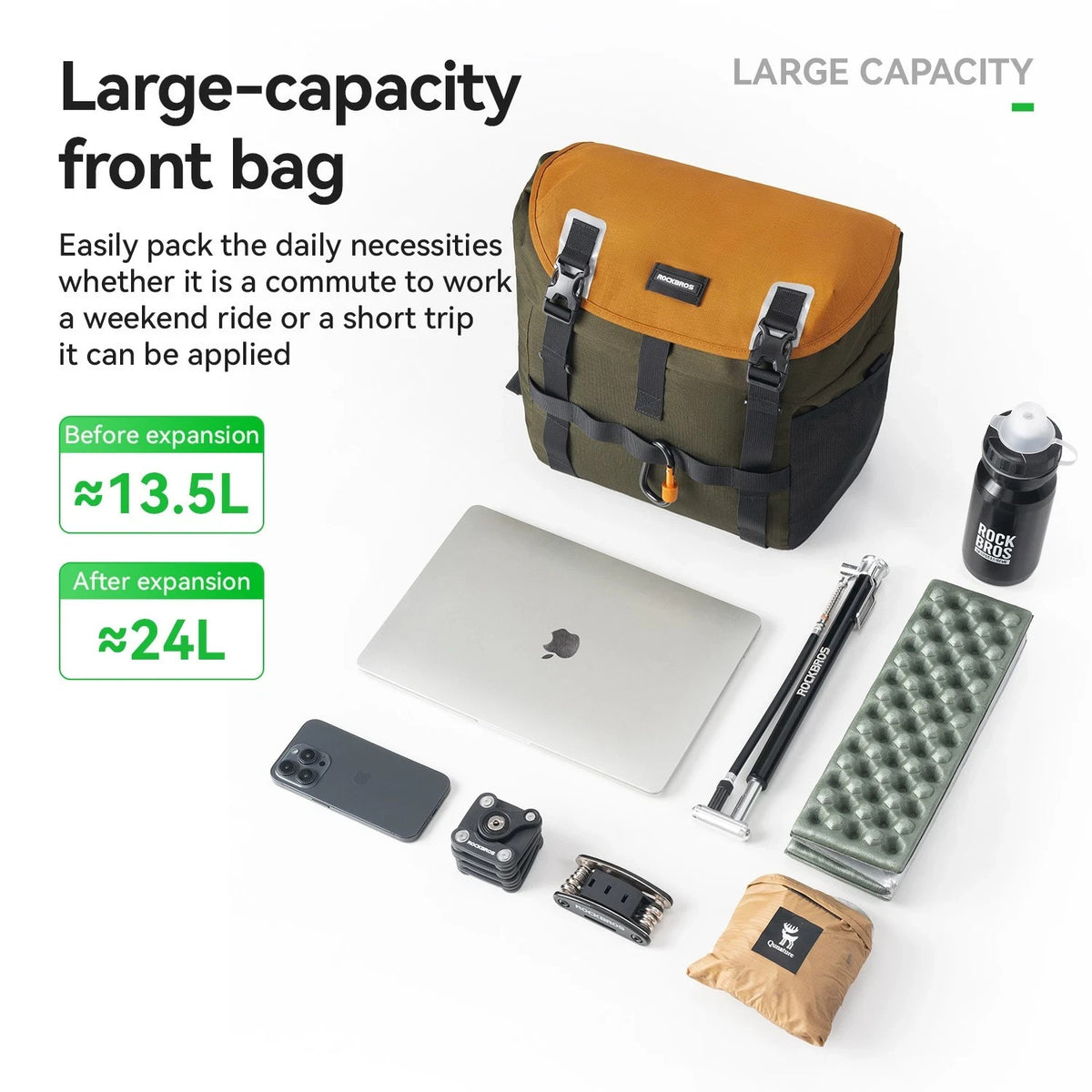 Waterproof Bike Handlebar Bag 24L Expandable Cycling Front Storage