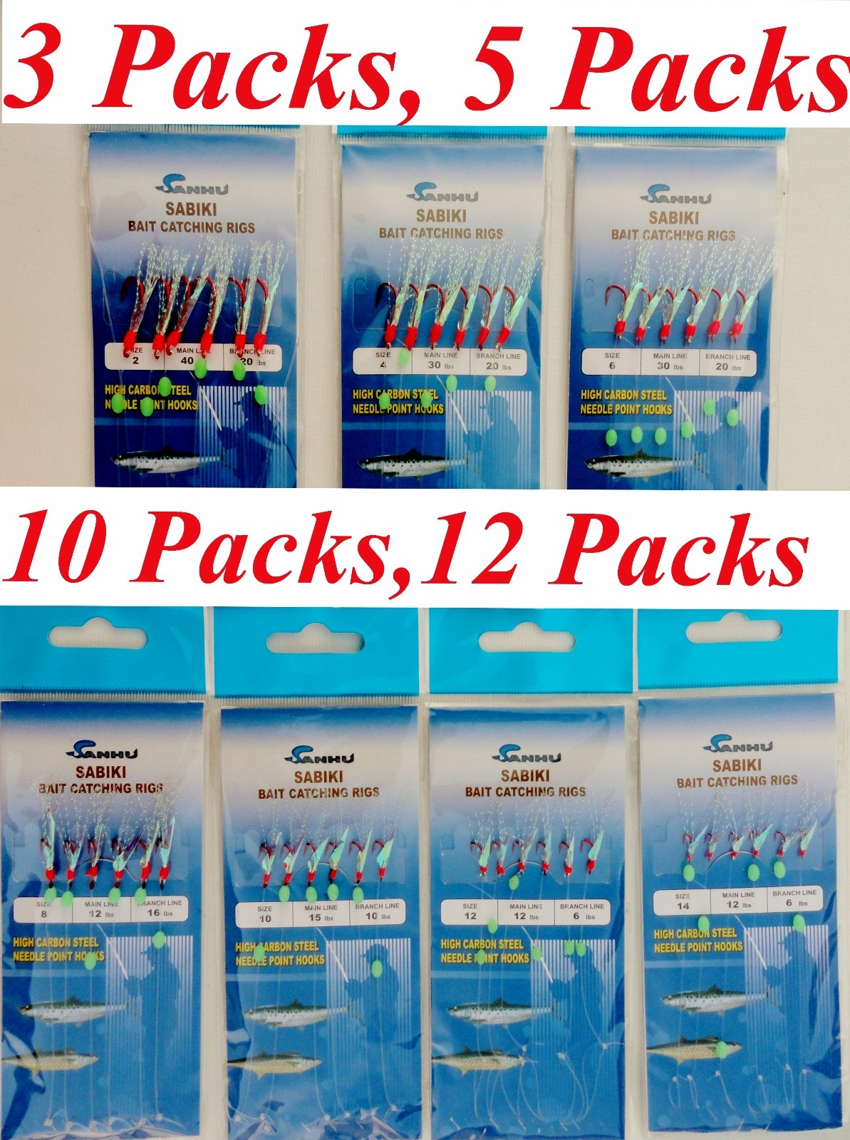 Saltwater Fishing Sabiki Bait Rigs with Red Hooks - Multiple Sizes & Pack Options