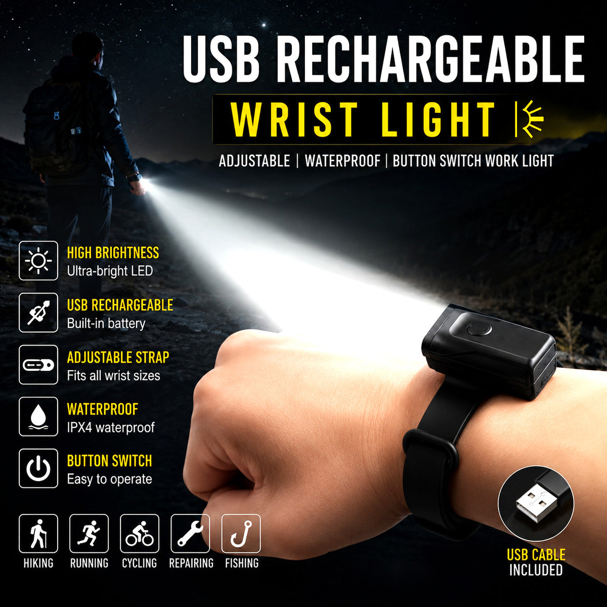 USB Rechargeable Waterproof Wrist Light with Adjustable Strap for Outdoor Activities