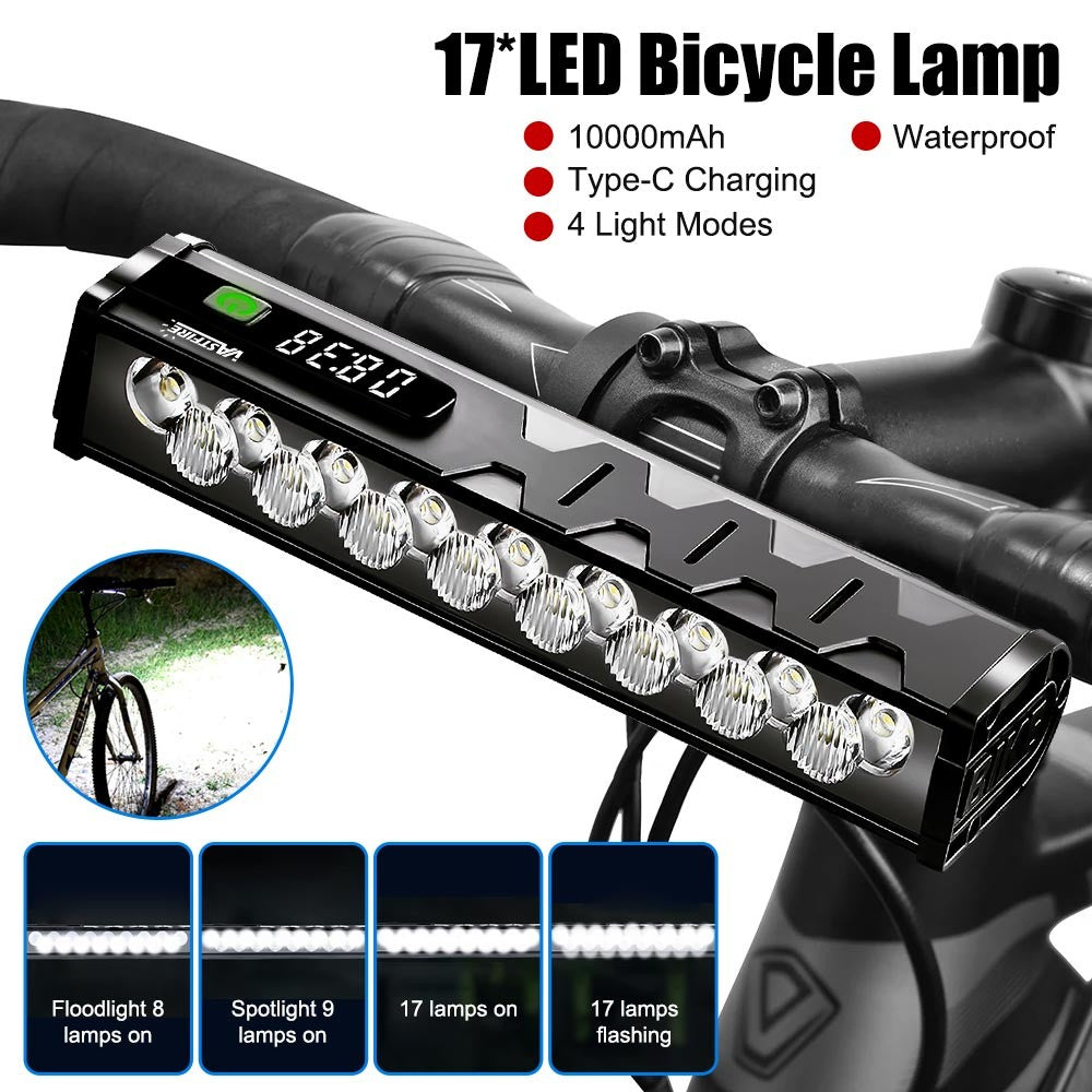 Rechargeable Bicycle Headlamp 10000mAh LED Front Rear Light Set with USB Charging