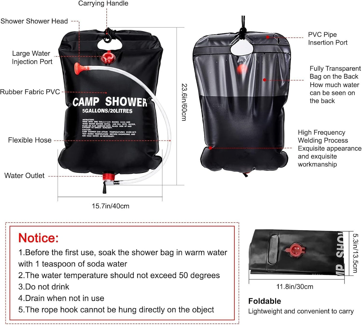 20L Solar Camping Shower Bag with Hose & Head - Portable Outdoor Heating