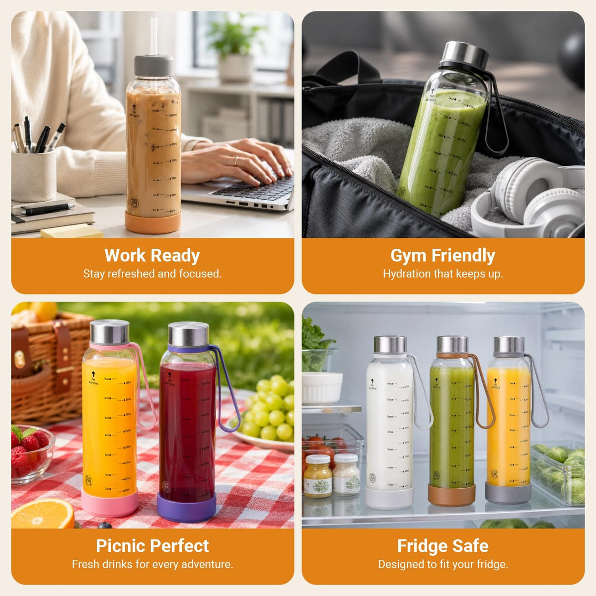 Glass Water Bottles 18 oz Pack of 6 with Leak-Proof Stainless Steel Lids