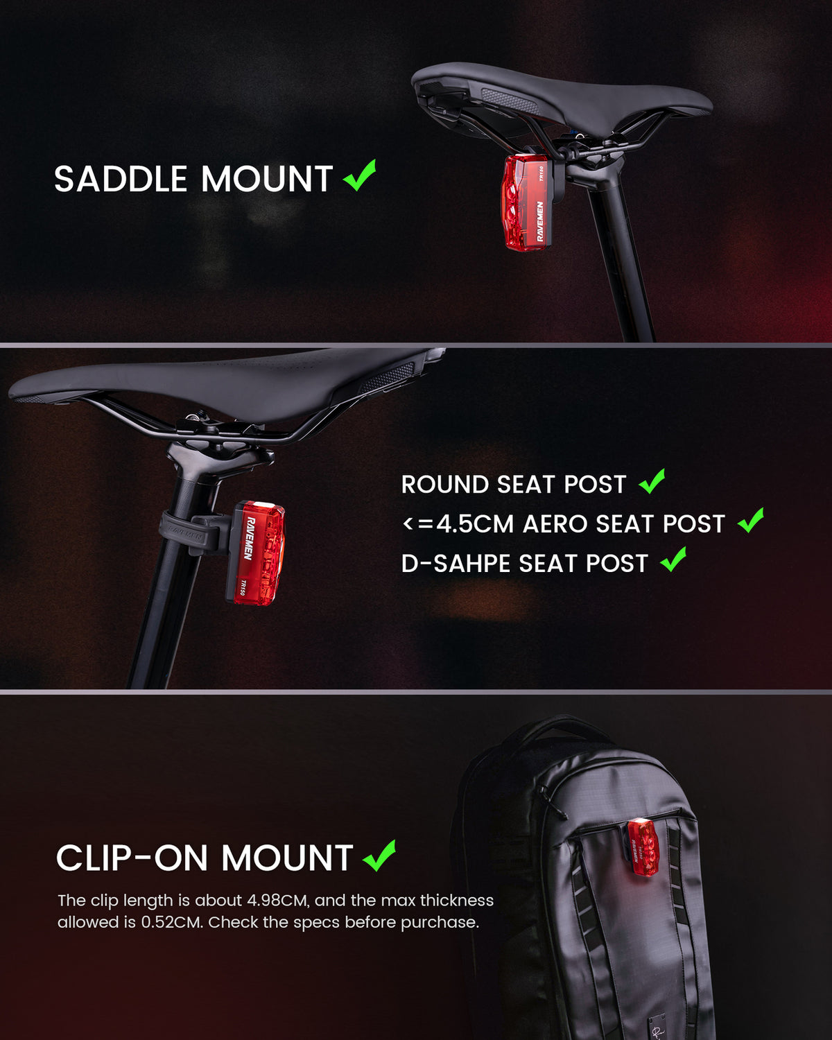 Rechargeable Bicycle Rear Light with Auto On-Off & 150 Lumens - Waterproof & 280° Visibility