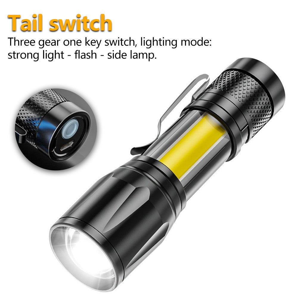 Rechargeable LED Flashlight Torch with Zoomable COB Light USB Powered