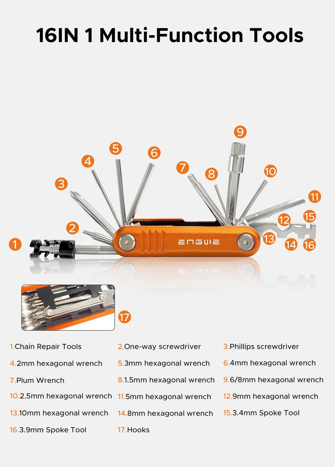 Electric Bike Multi-Functional Bicycle Repair Tool Set 16-in-1, Waterproof & Rust-Resistant