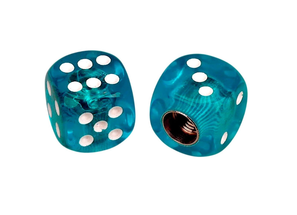 Bicycle Tire Valve Caps - Clear Turquoise Dice with White Pips, Pair