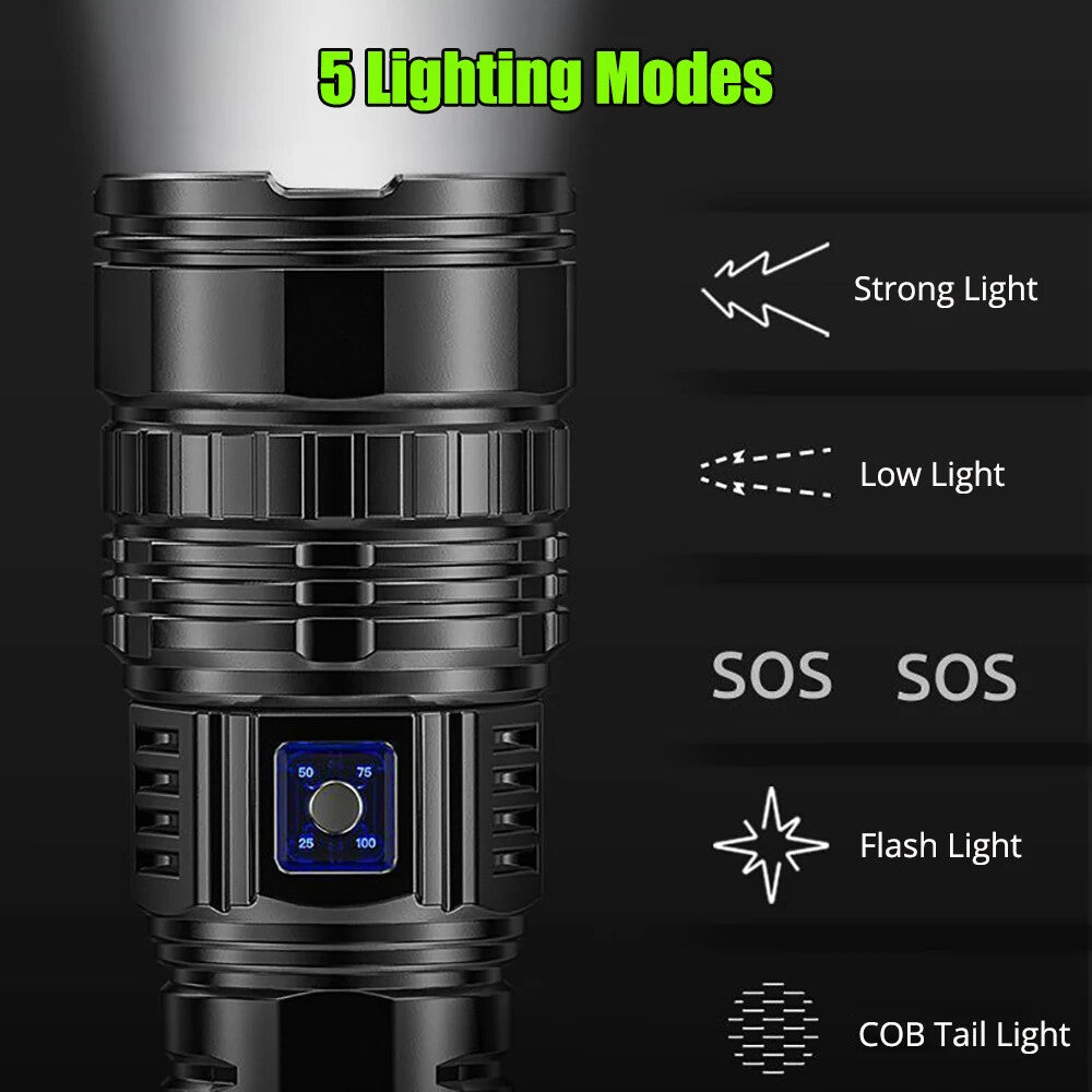 Rechargeable LED Flashlight 10000 Lumens Tactical Searchlight with Zoom