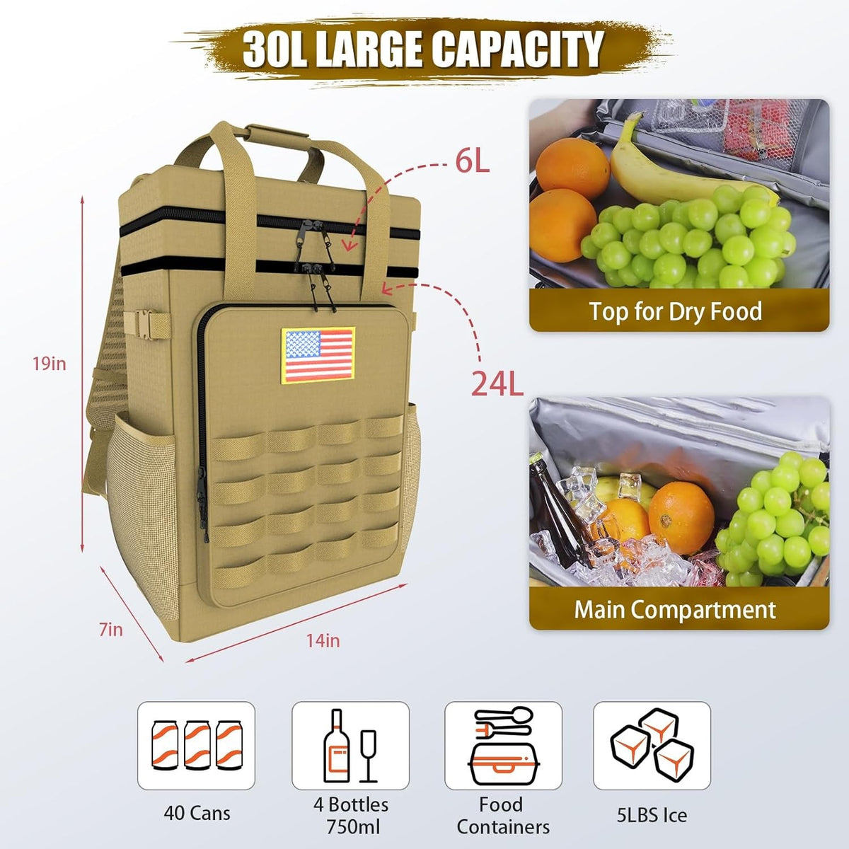 Insulated Tactical Cooler Backpack - Waterproof Leakproof 40 Can Capacity
