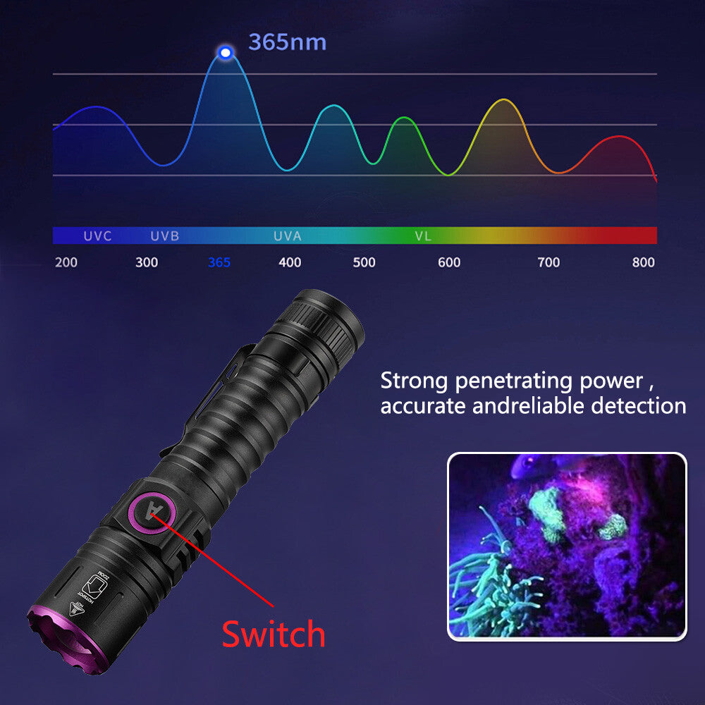 Rechargeable UV LED Flashlight 365nm Blacklight for Inspection Security Detection