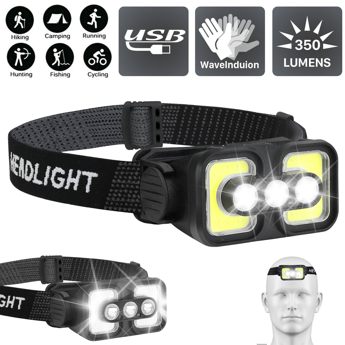 Rechargeable LED Headlamp with USB for Outdoor Work Camping Hunting