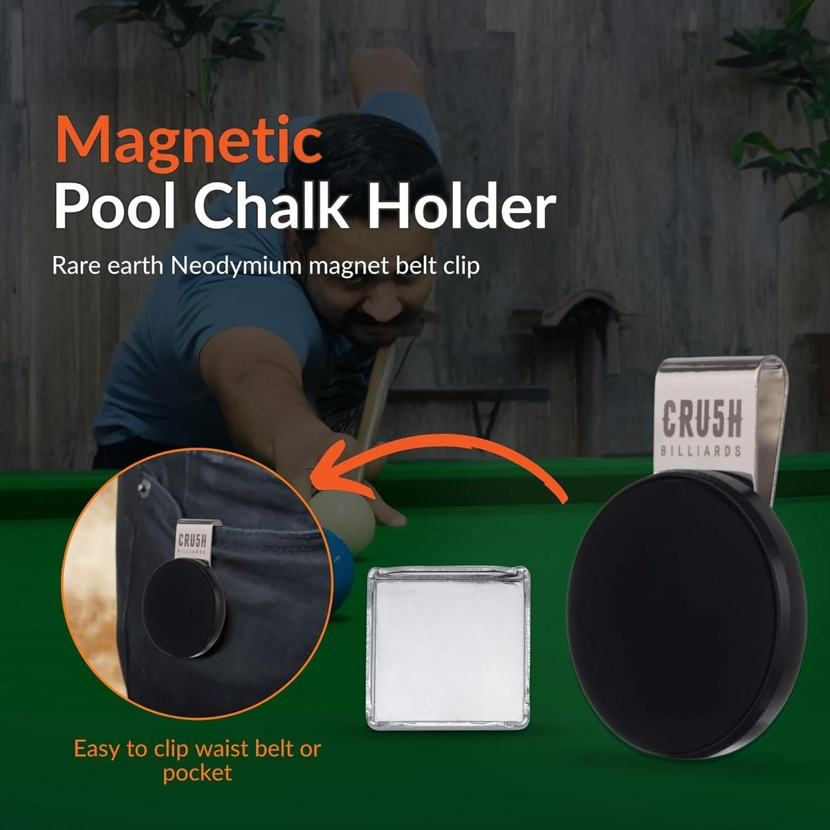 Ultra-Grip Magnetic Chalk Holder Clip Belt Clip for Billiards – 3-in-1, Neodymium Magnet