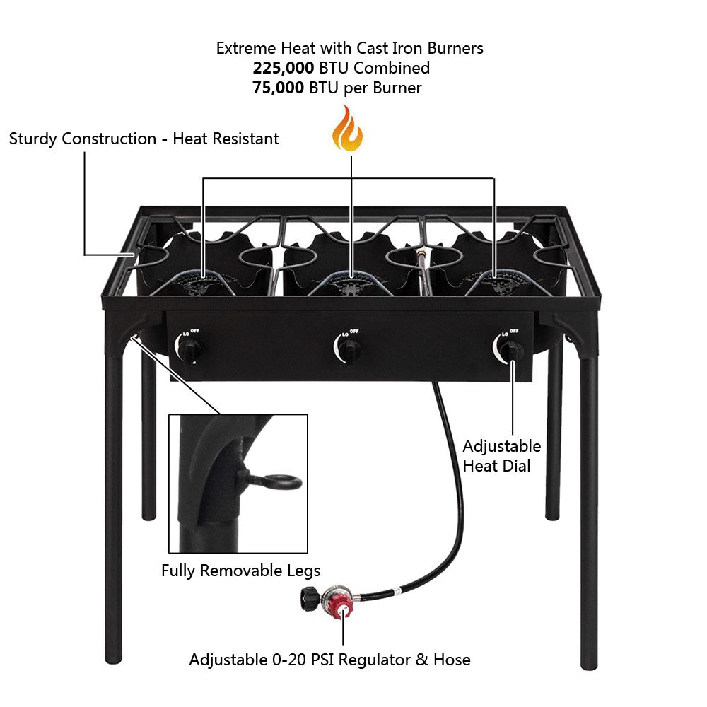 Portable 225,000-BTU 3 Burner Gas Camping Stove Grill Outdoor Cooker