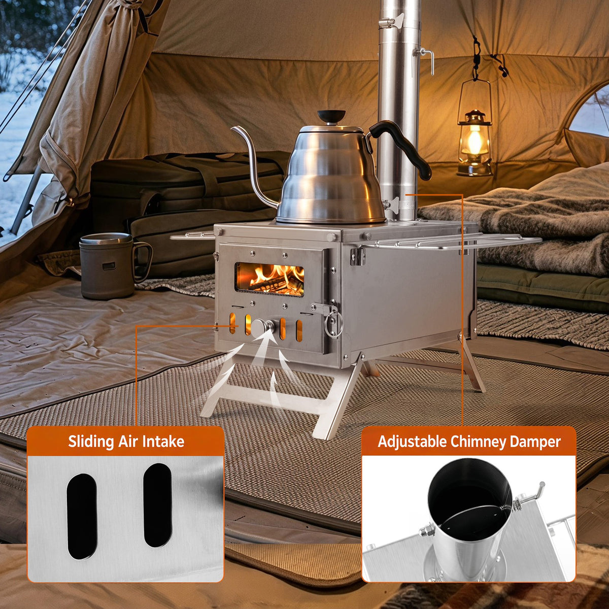 Portable Wood Burning Tent Stove with Chimney Pipes and Spark Arrestor