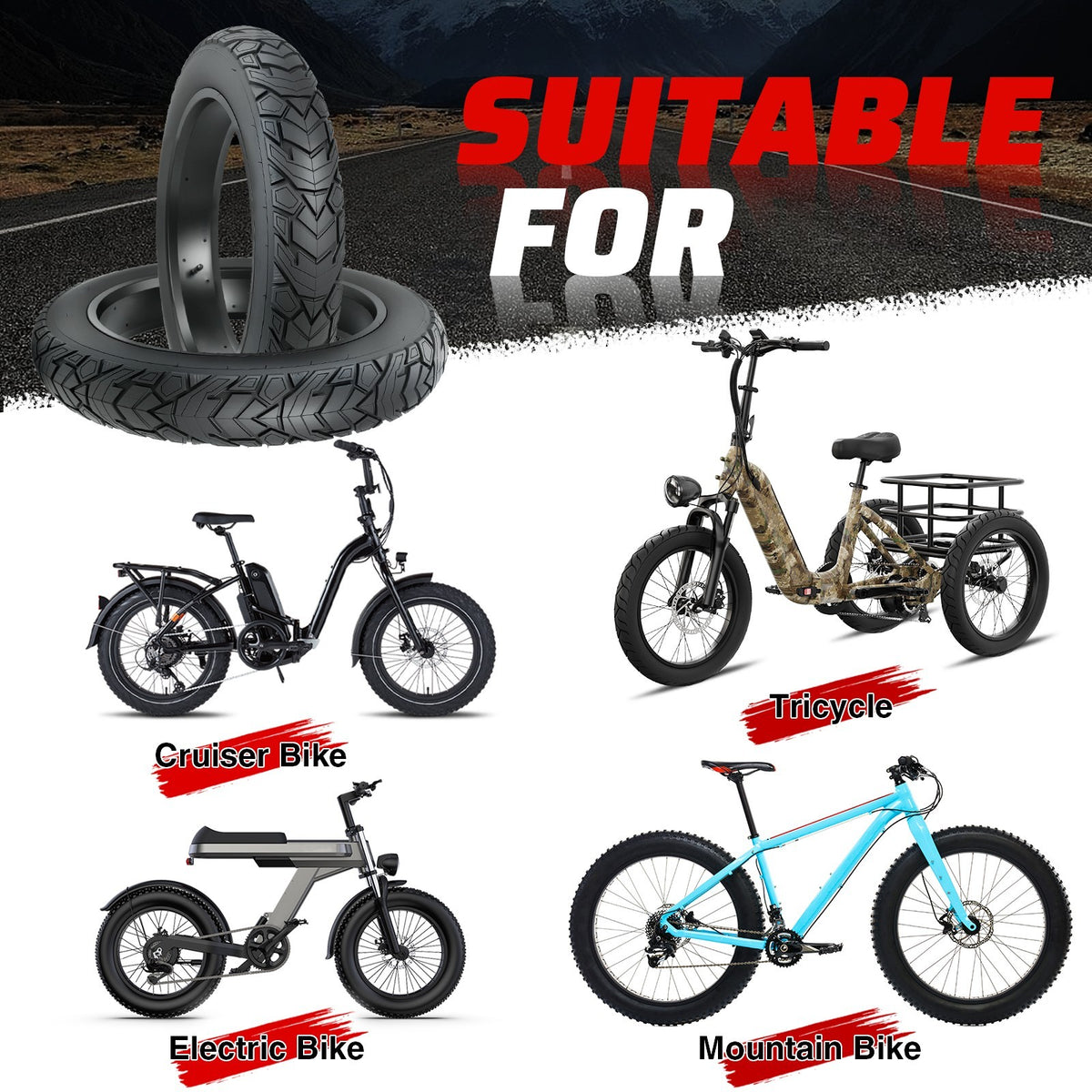 Fat Bike Tire 20x4.0 Inch - Mountain Snow Off-Road Fat Tire Set