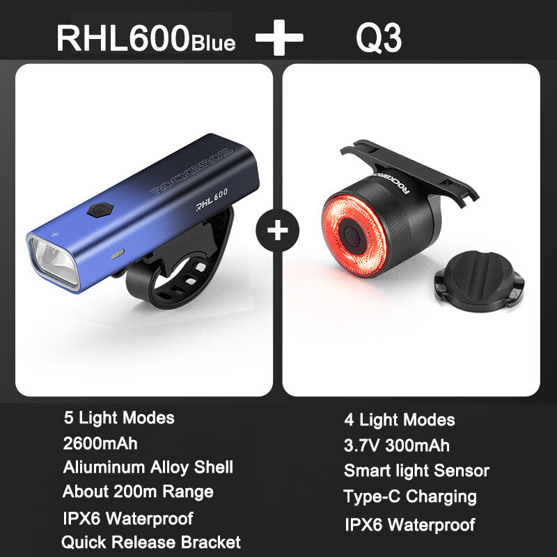 High Brightness Bike Front & Rear Light Set USB-C LED Headlight 1500LM