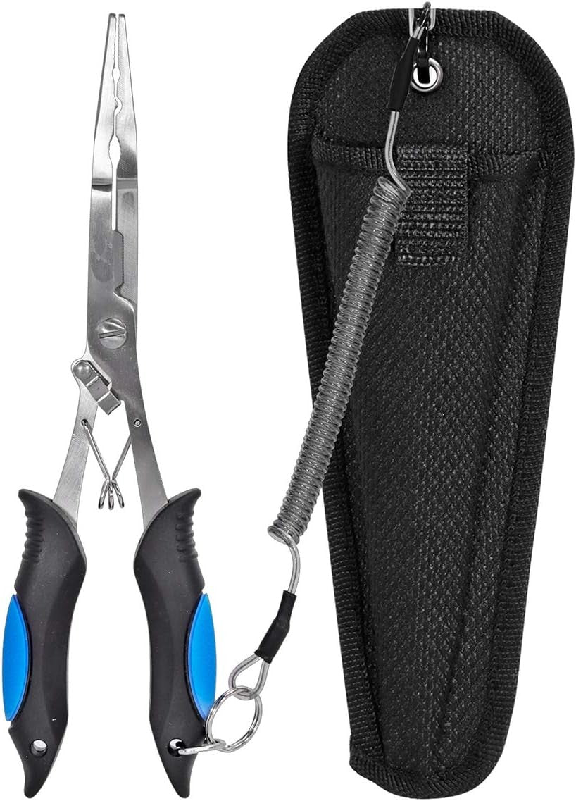 Stainless Steel Long Nose Fishing Pliers Hook Remover with Sheath & Lanyard