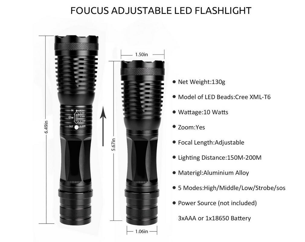 LED Flashlight Torch with Adjustable Focus & Battery - Metal Handheld Light