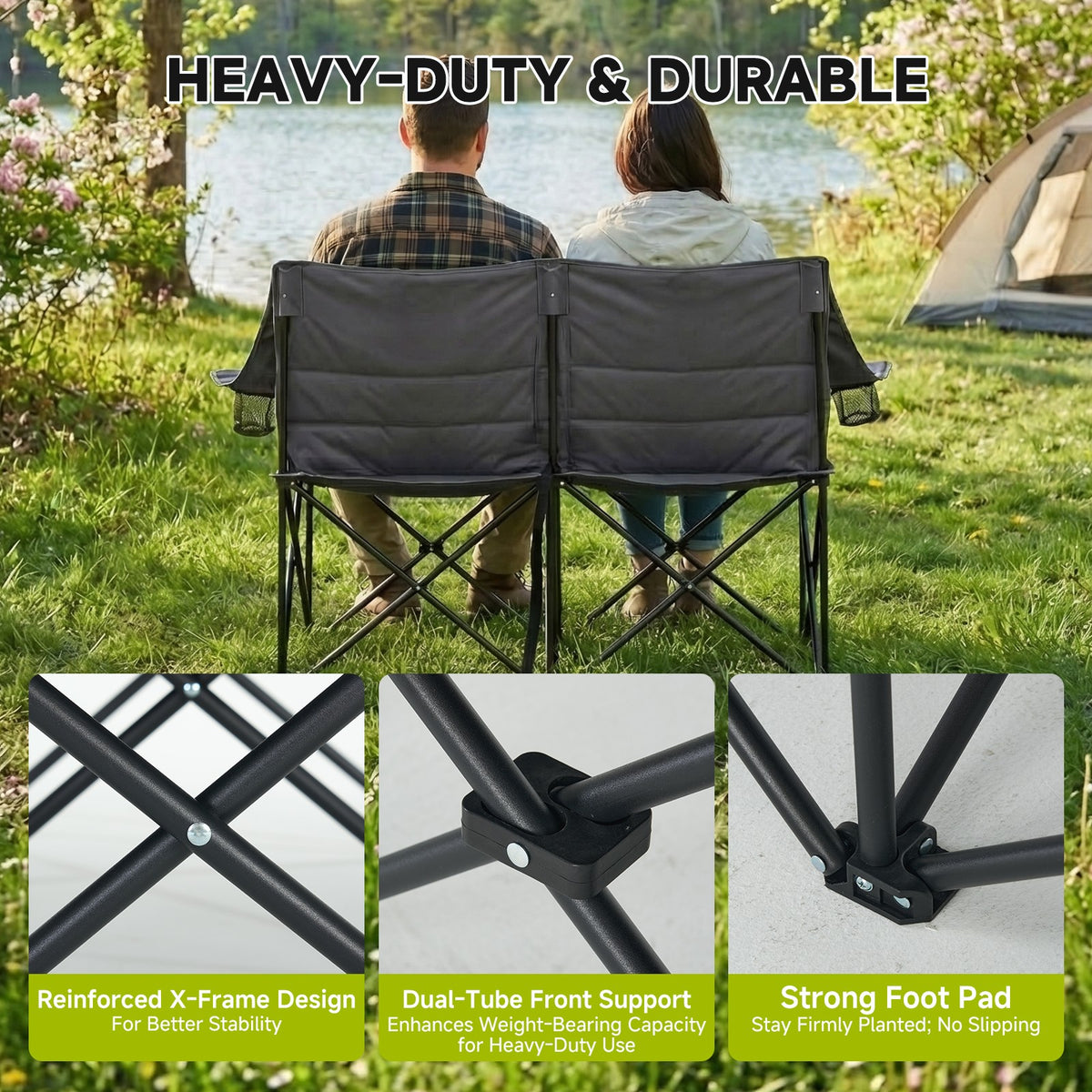 Oversized Folding Camping Loveseat Chair for 2 with Padded Seat Support 660lbs