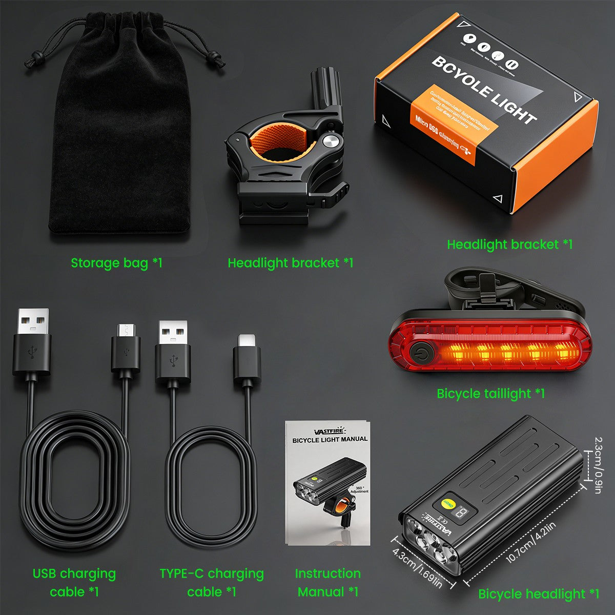Rechargeable Bike Front and Rear Light Set with 5 Modes, USB Power Bank, Waterproof