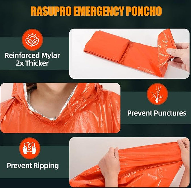 4 Pack Emergency Thermal Ponchos Waterproof Reusable Rain & Survival Coat