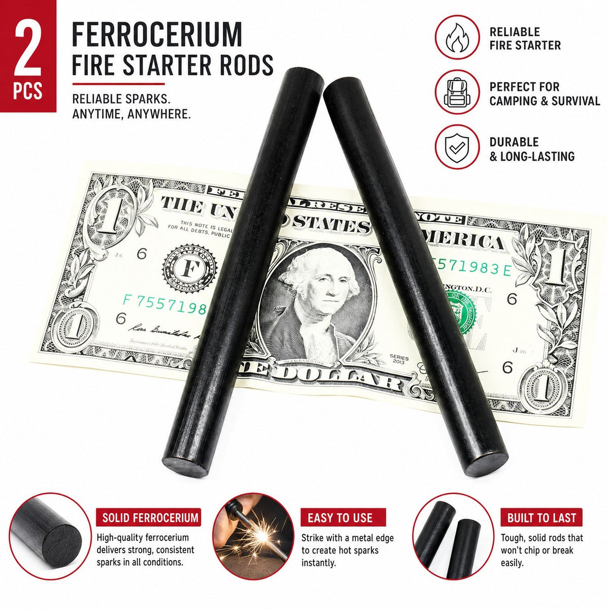 Large Ferrocerium Fire Starter Rods - Camping & Survival Fire Igniters