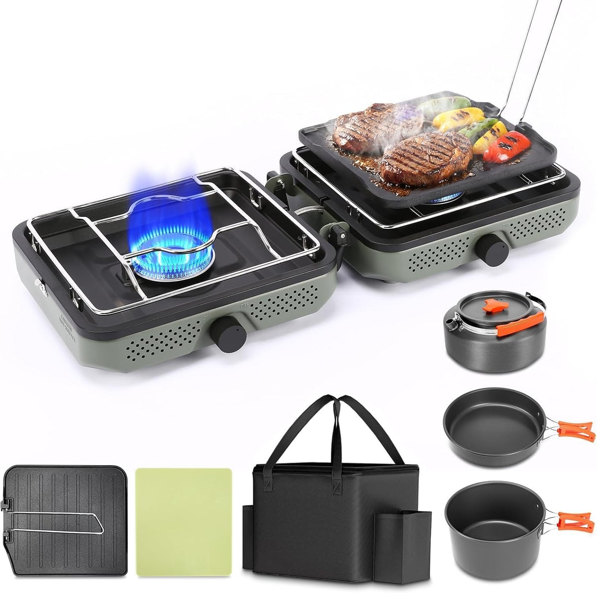 2 Burner Portable Camping Stove with Foldable Design and Cookware