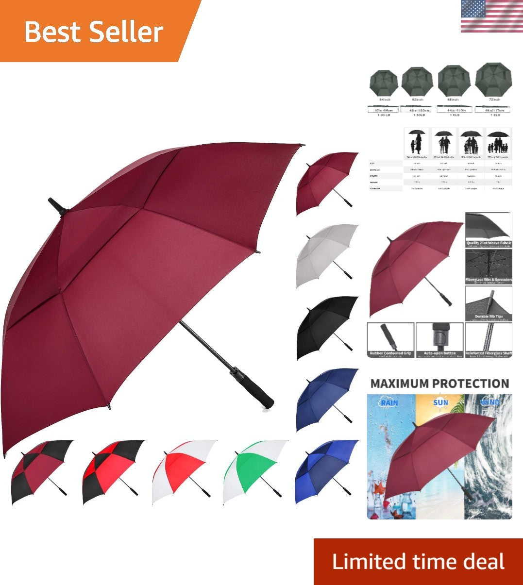 72-Inch Windproof Waterproof Golf Umbrella - Auto Open, Large Shade