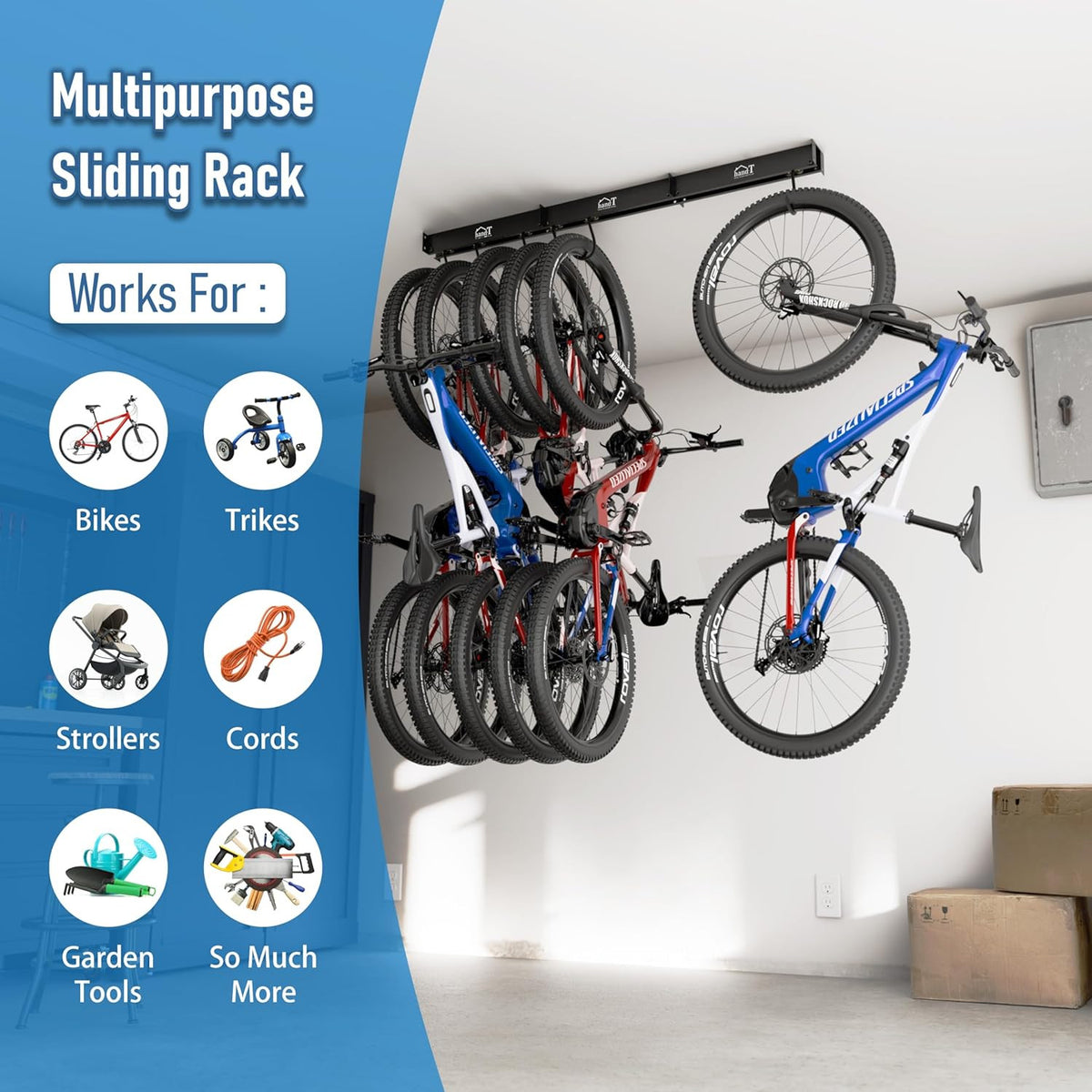 Ceiling Bike Storage Rack for Garage - Holds Up to 6 Bikes, Sliding Mount, Heavy Duty