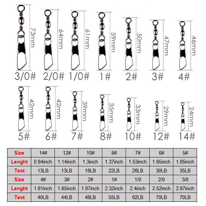 100PCS Stainless Steel Fishing Swivels with Interlock Snap - Multiple Sizes
