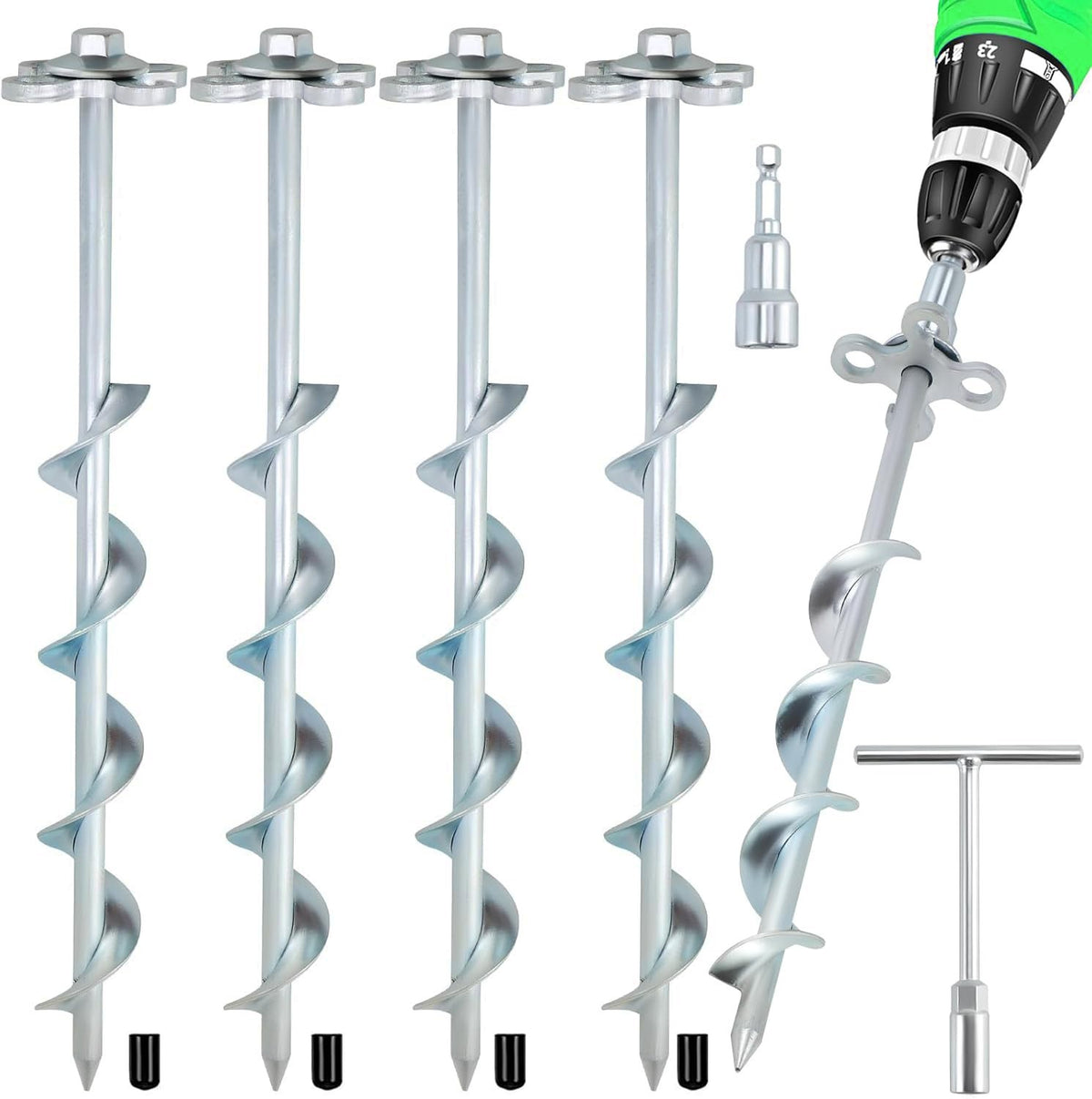 Heavy Duty Spiral Ground Anchors - Screw-In Tent Stakes with Drill Adapter (4 Pack)