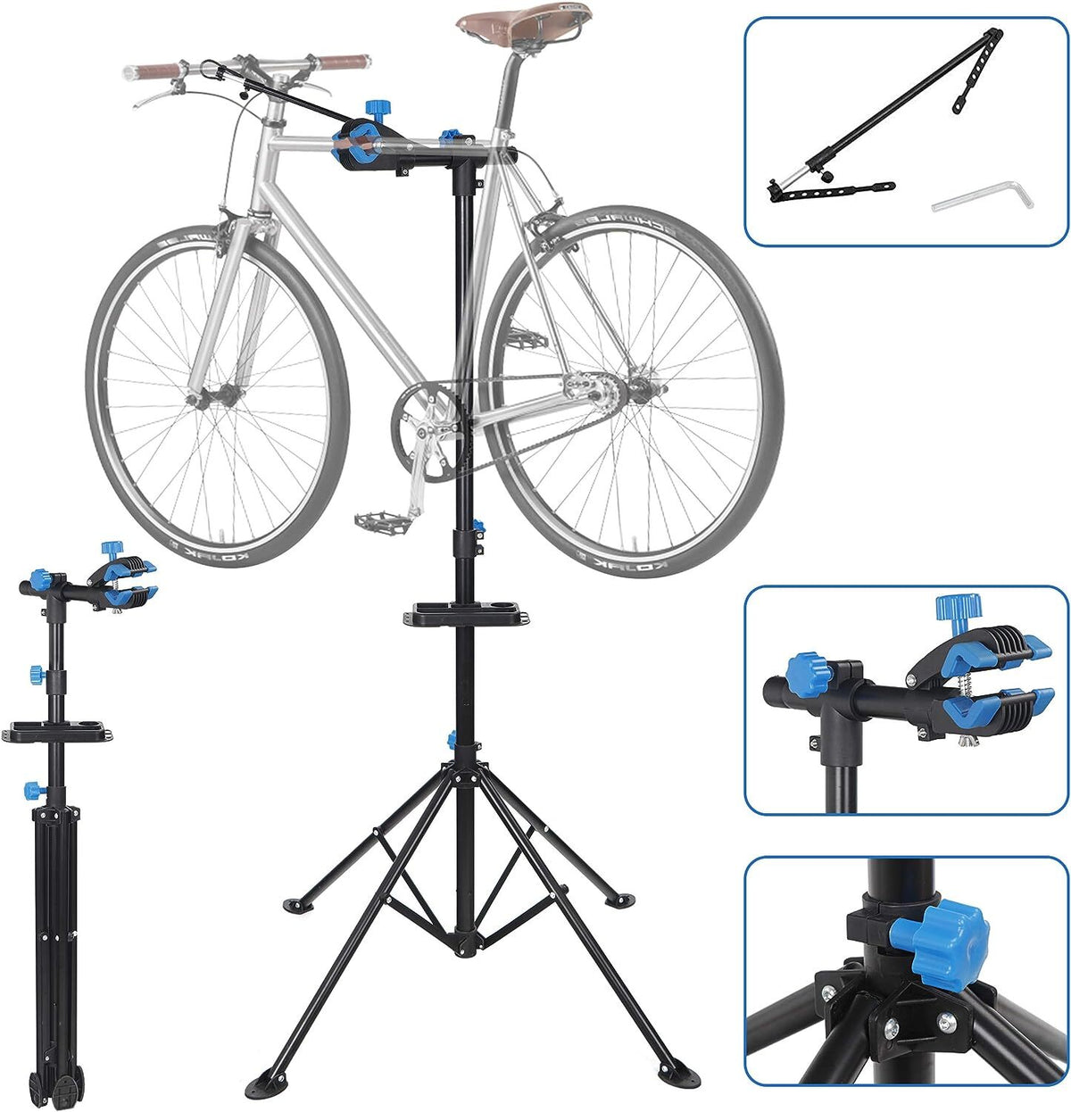 Adjustable Bicycle Repair Stand with Foldable Legs and Tool Tray