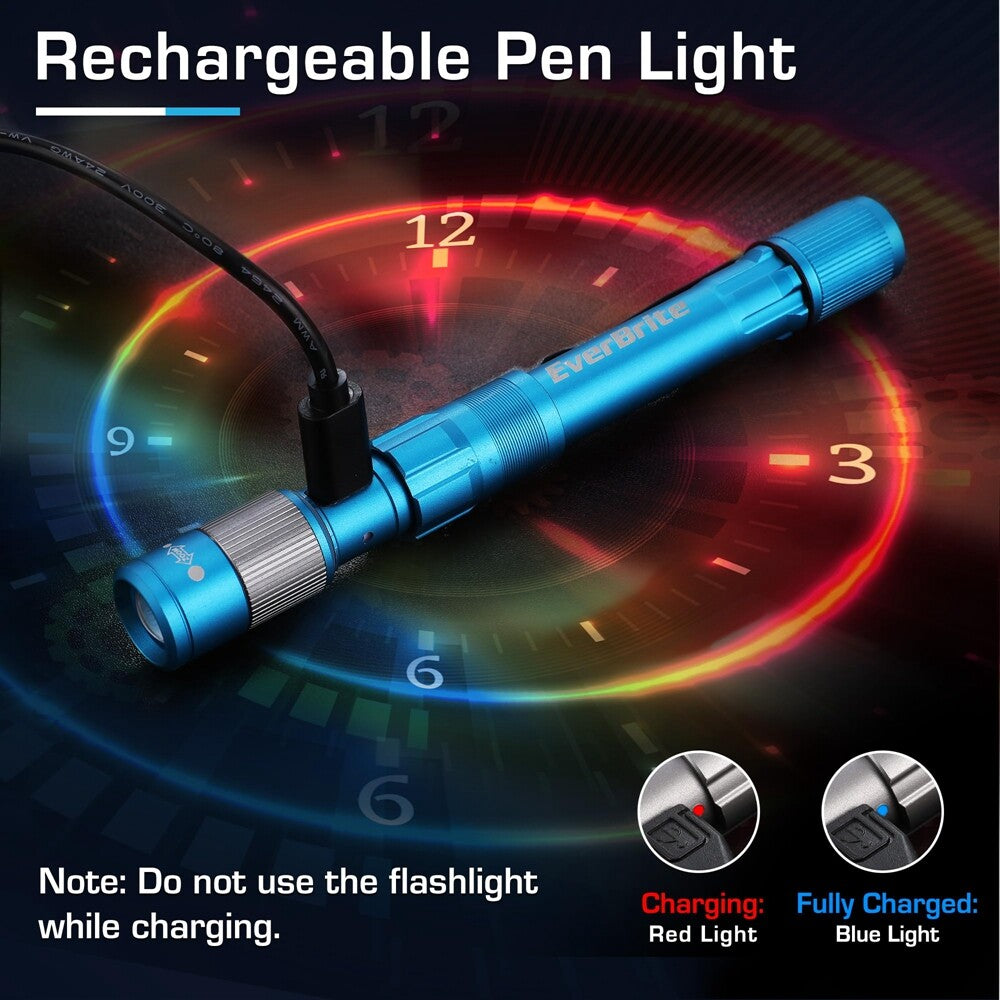 Rechargeable LED Pen Light 300LM with Zoom & USB-C Cable - Portable Flashlight
