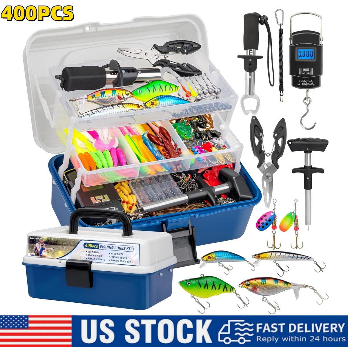 400-Piece Fishing Tackle Kit with 3-Layer Storage Box and Pliers - Women Gift