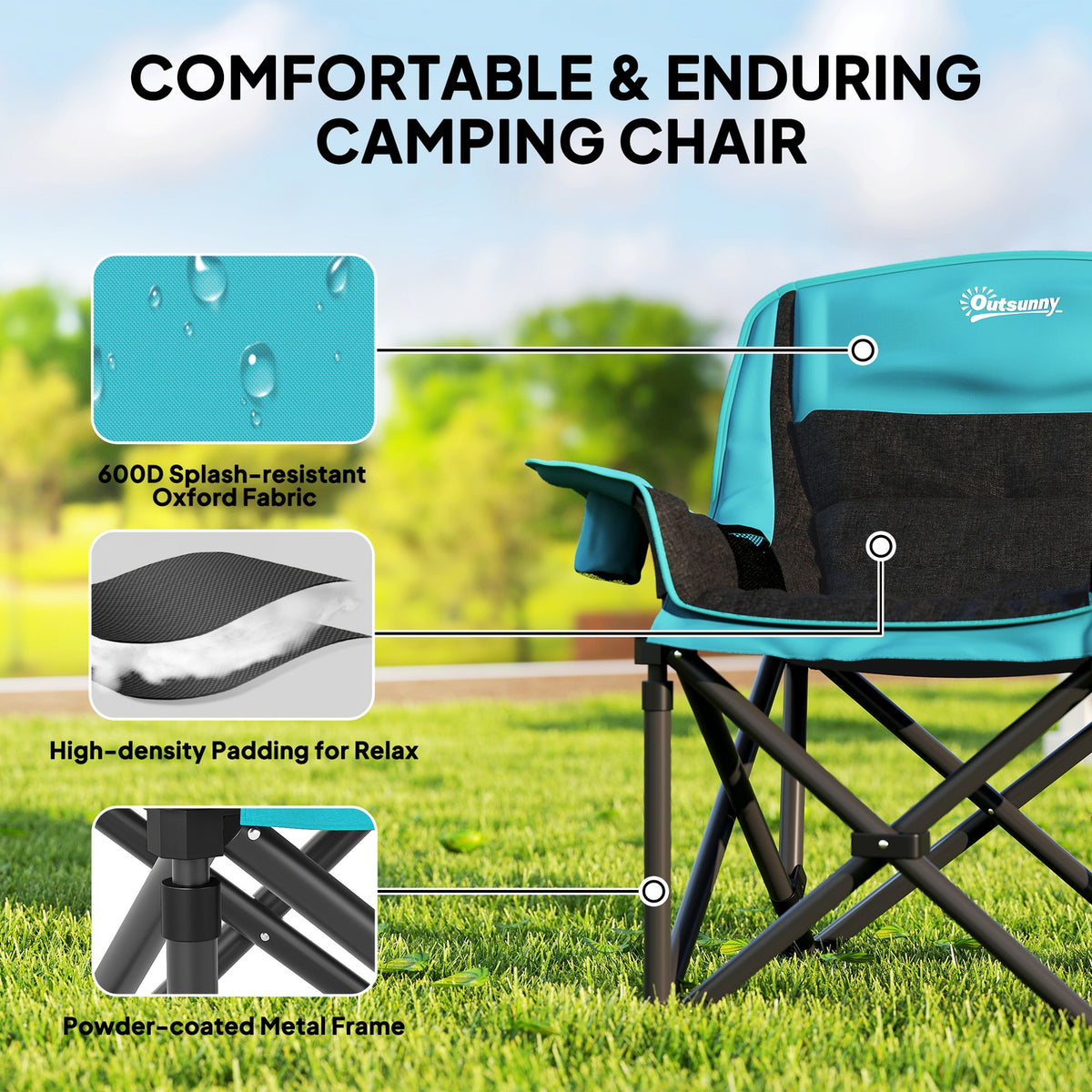 Portable Folding Camping Chair with Padding and Cup Holders - Green and Black