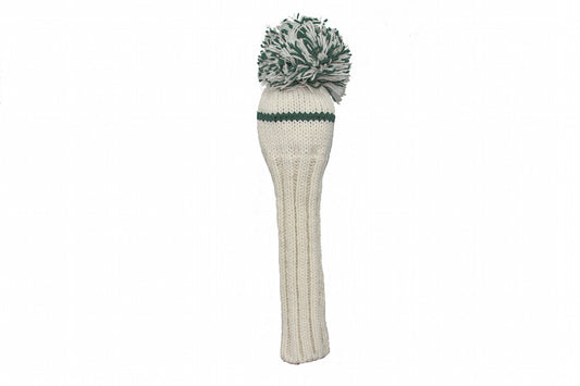 Hand Knit Wool Golf Headcover with Pom Pom for Drivers up to 460cc - White and Green