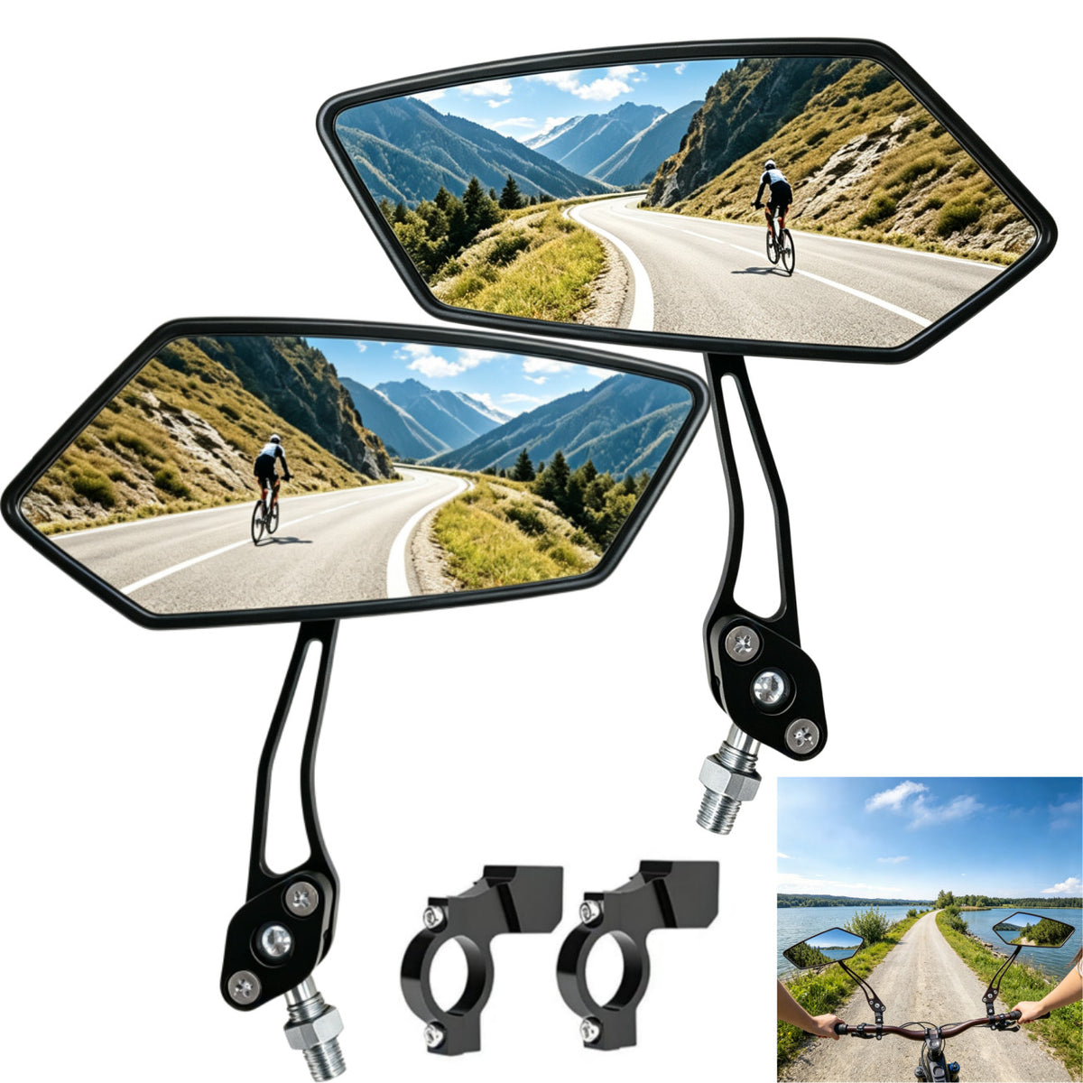 Bike Handlebar Mirror 2 Pack - Rotatable Adjustable Wide Angle Rear View