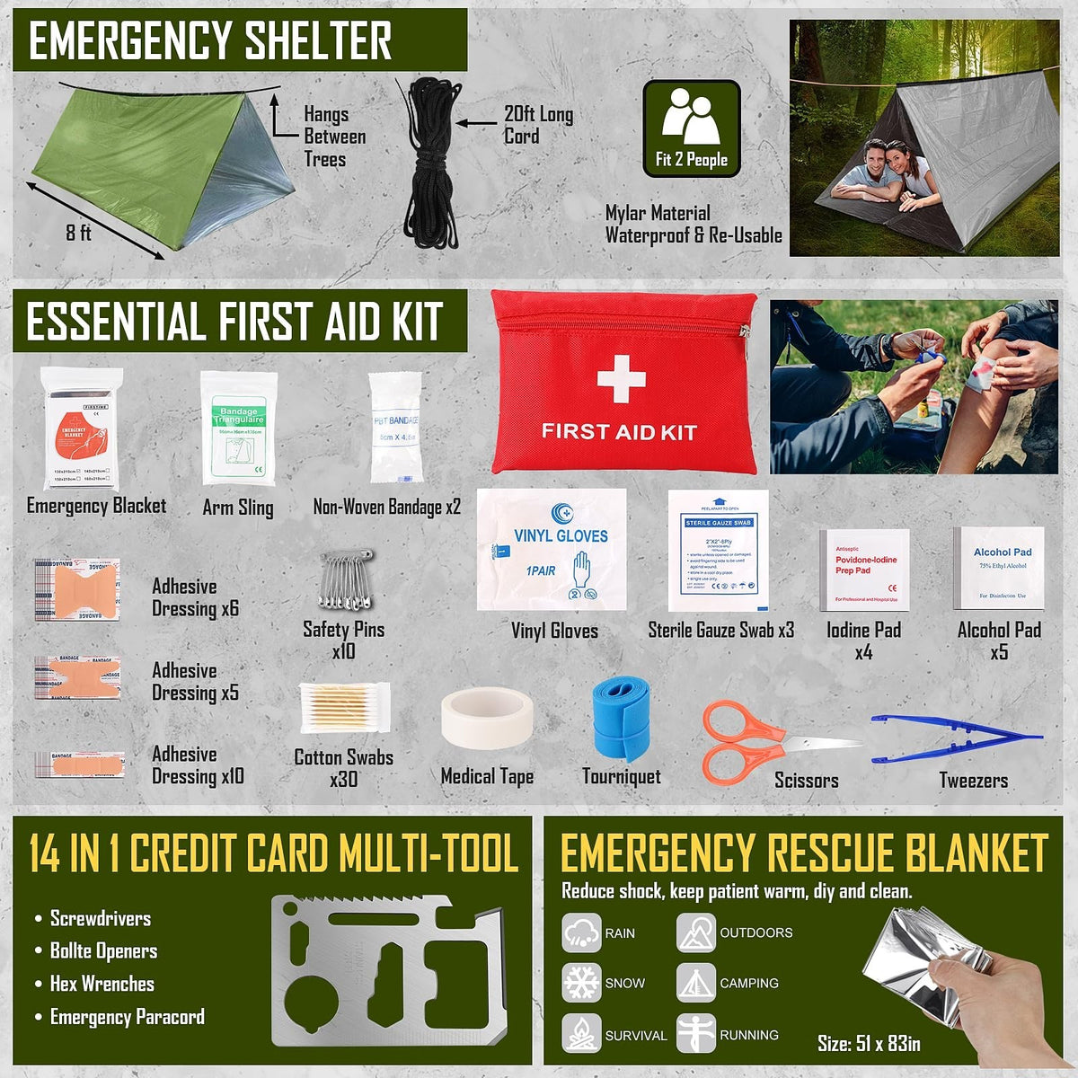 Emergency Survival Kit with First Aid, Camping Axe, Headlamp & Gear