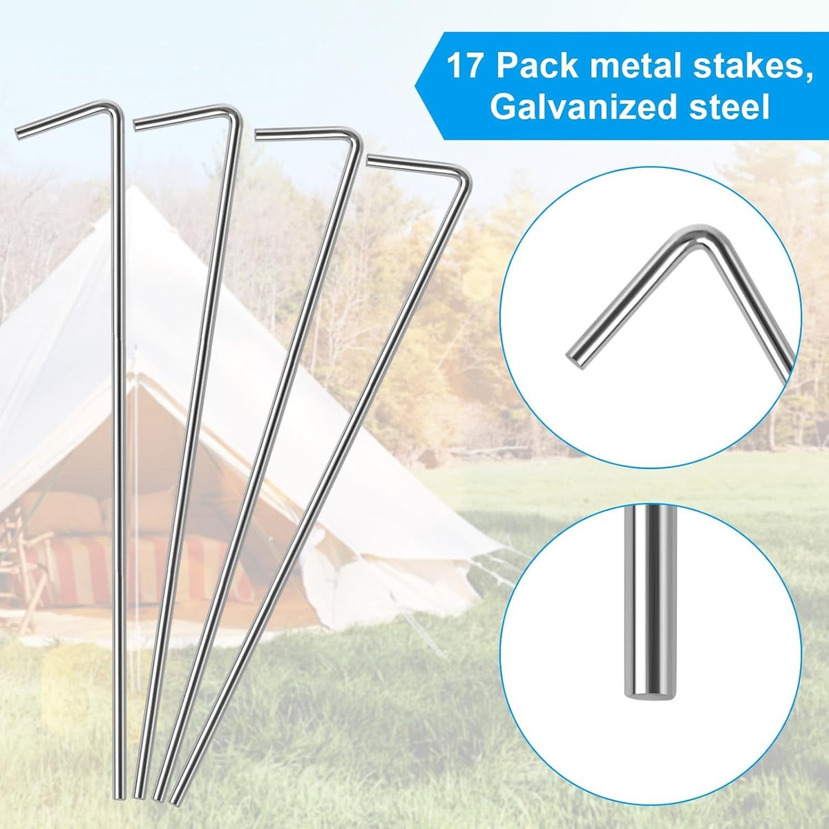 Heavy Duty Tent Stakes 17 Pack - Rust-Proof Ground Anchors for Camping & Outdoor Use