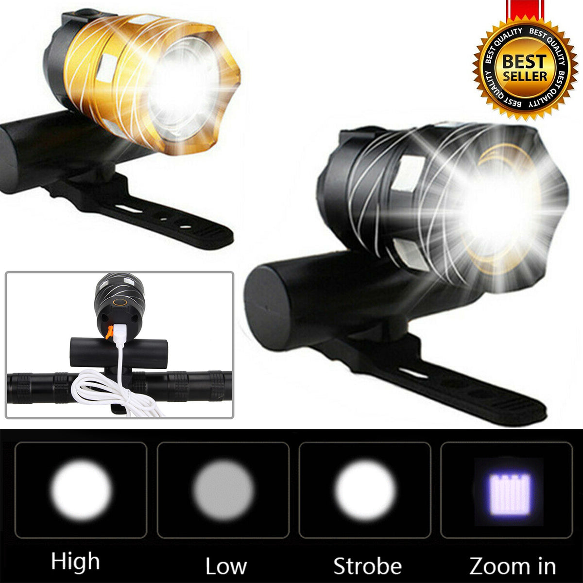 Rechargeable 15000LM LED Bicycle Front Headlight with USB Charging Cable