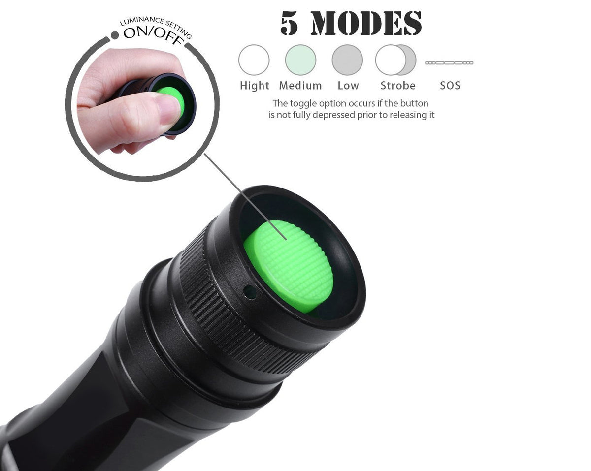 LED Flashlight Torch with Adjustable Focus & Battery - Metal Handheld Light