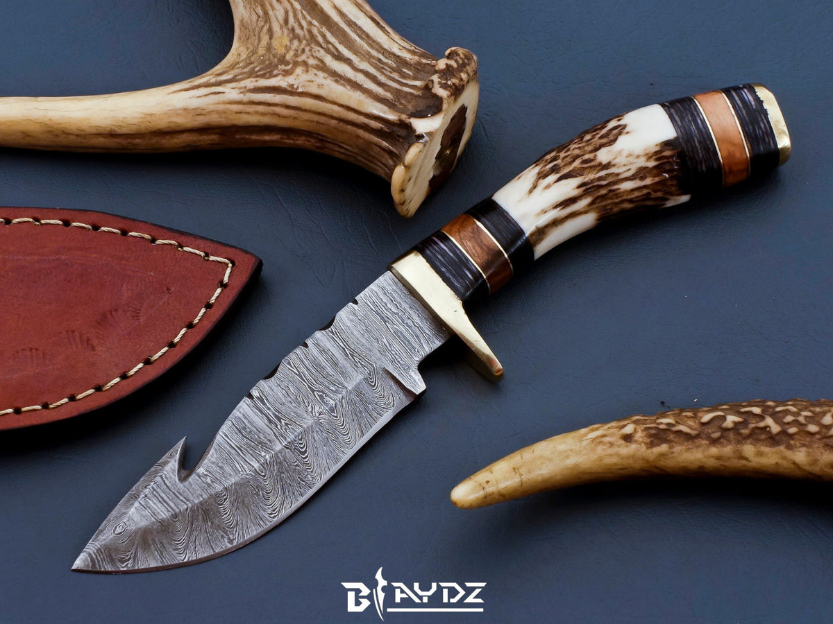 Damascus Steel Hunting Knife with Stag Antler Handle and Leather Sheath - Fixed Blade